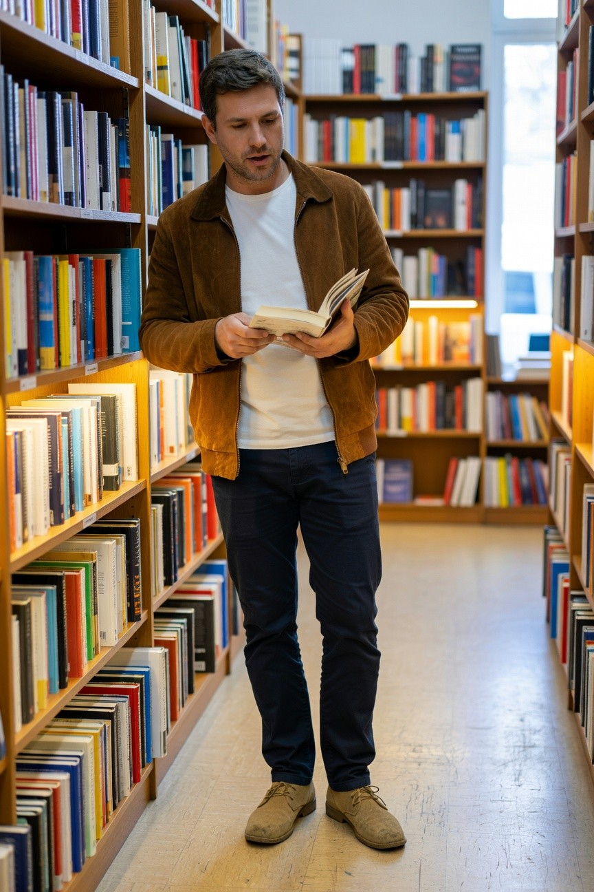 A man in a cozy library aisle wearing an open brown suede jacket over a white t-shirt, slim navy trousers, and tan suede loafers, holding an open book while standing casually among wooden bookshelves.