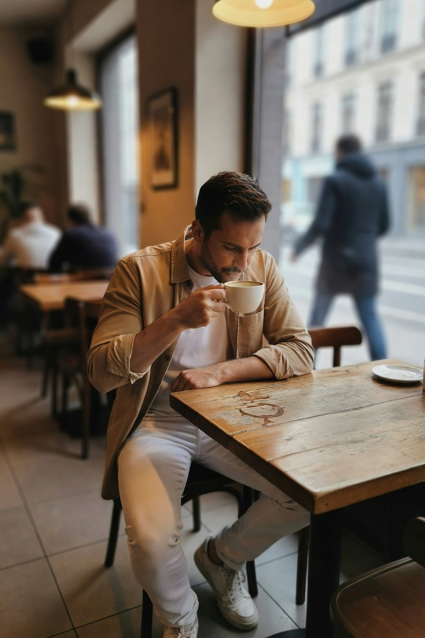 A man sits casually in a cafe by the window, wearing an open beige linen shirt over a white t-shirt, slim white jeans, and white sneakers, sipping from a white coffee cup with a wooden table and city street visible outside.