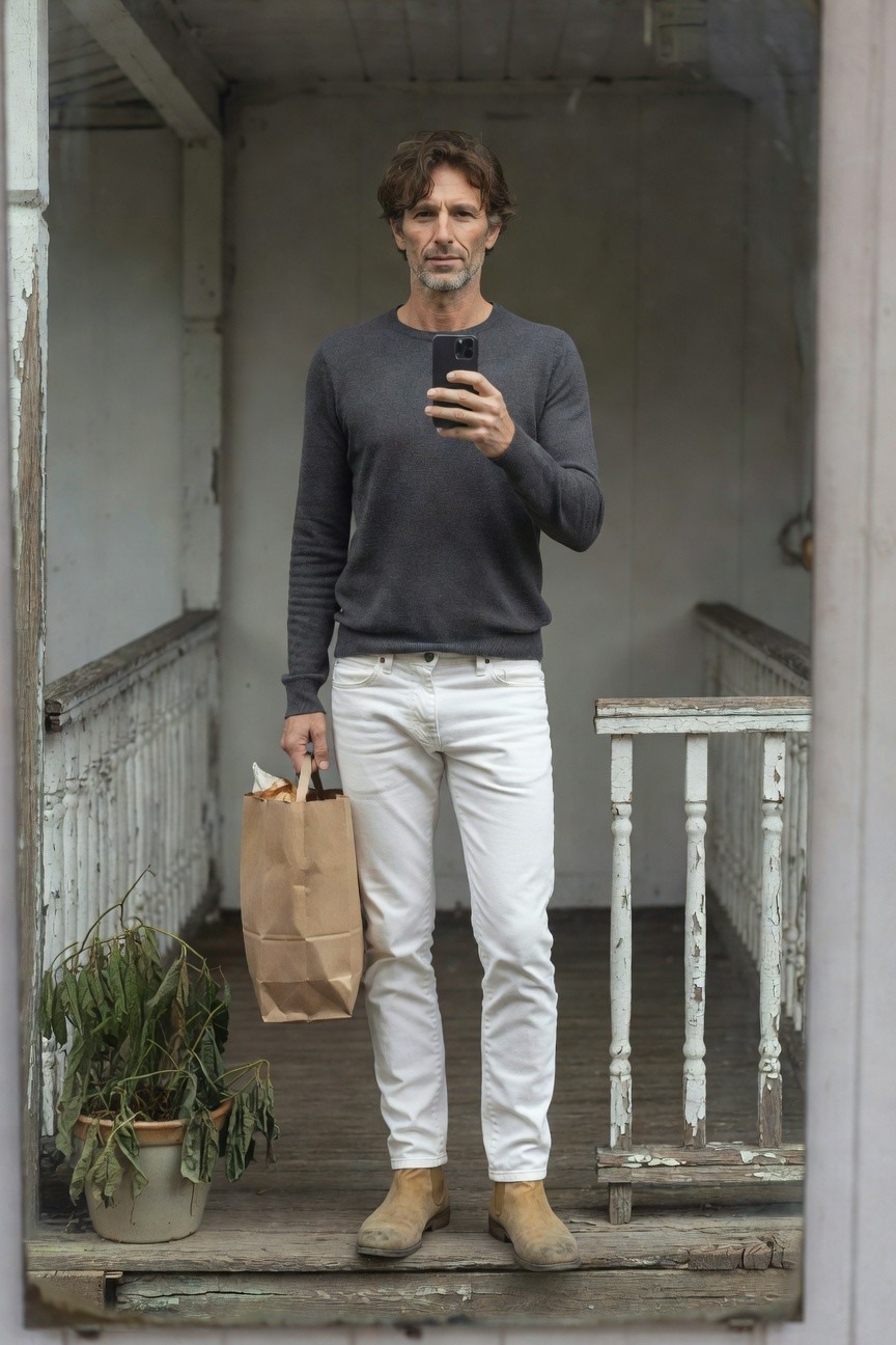 Man in dark gray long-sleeve sweater and slim white jeans stands on rustic wooden porch holding brown paper grocery bag and phone for selfie, tan suede ankle boots, overgrown plants and peeling white siding in background