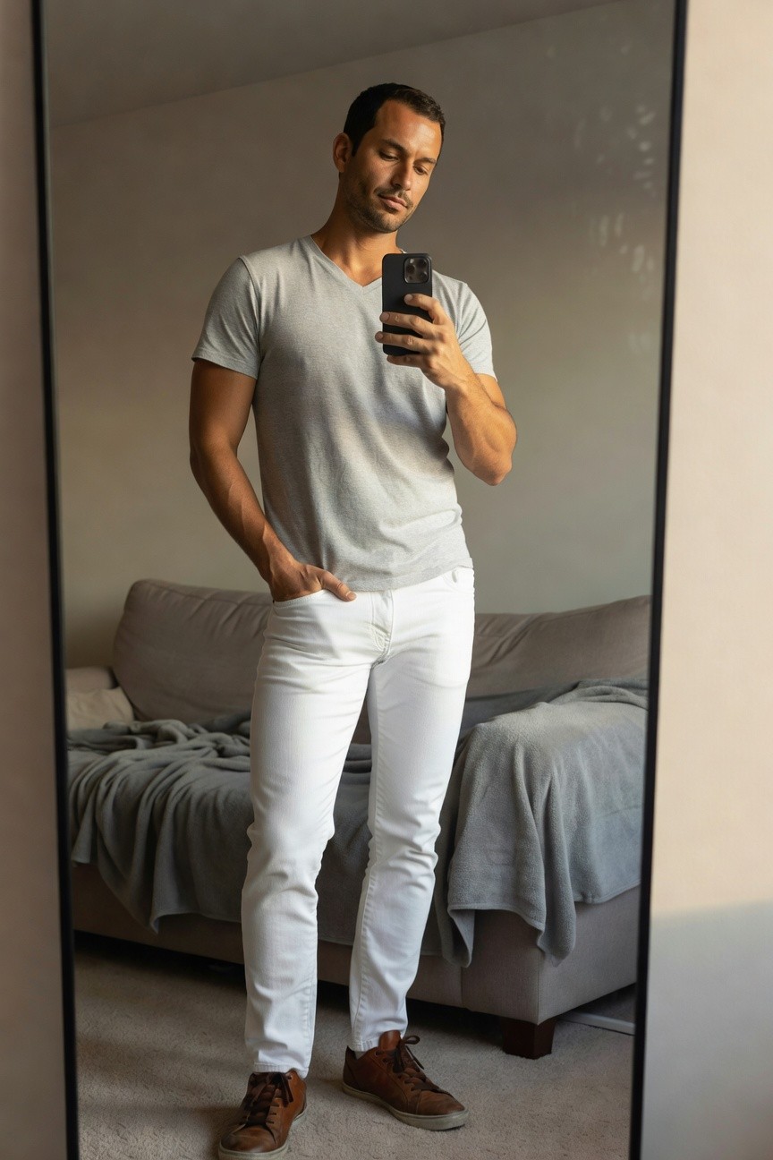 A man stands confidently in front of a full-length mirror wearing a light gray short-sleeve V-neck T-shirt, slim-fit white jeans, and white sneakers, hands in pockets, with a gray sofa and throw in the background