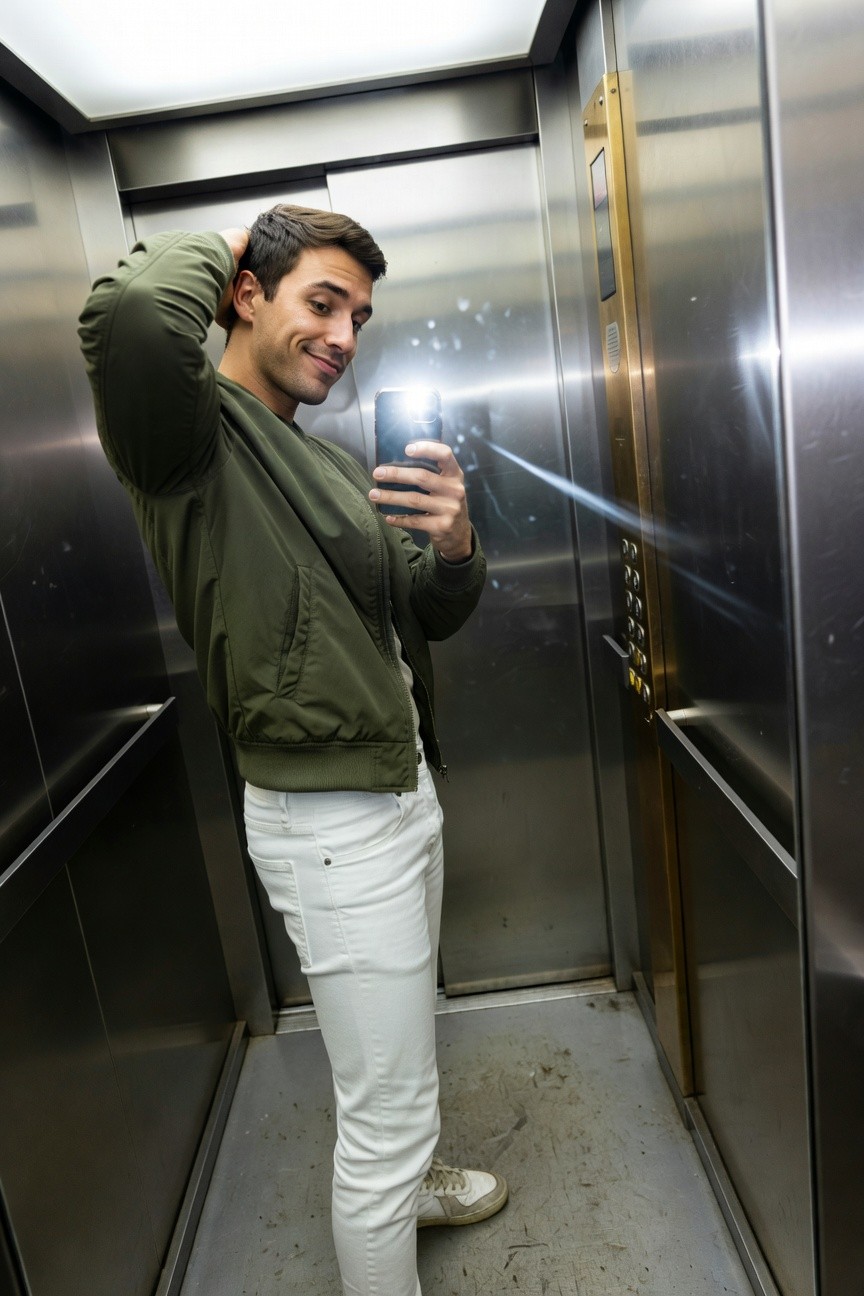 Young man smiling for a selfie in a metal elevator, dressed in olive green bomber jacket over white t-shirt, slim white jeans, and white sneakers on scuffed floor, phone flash lighting his face and reflection.