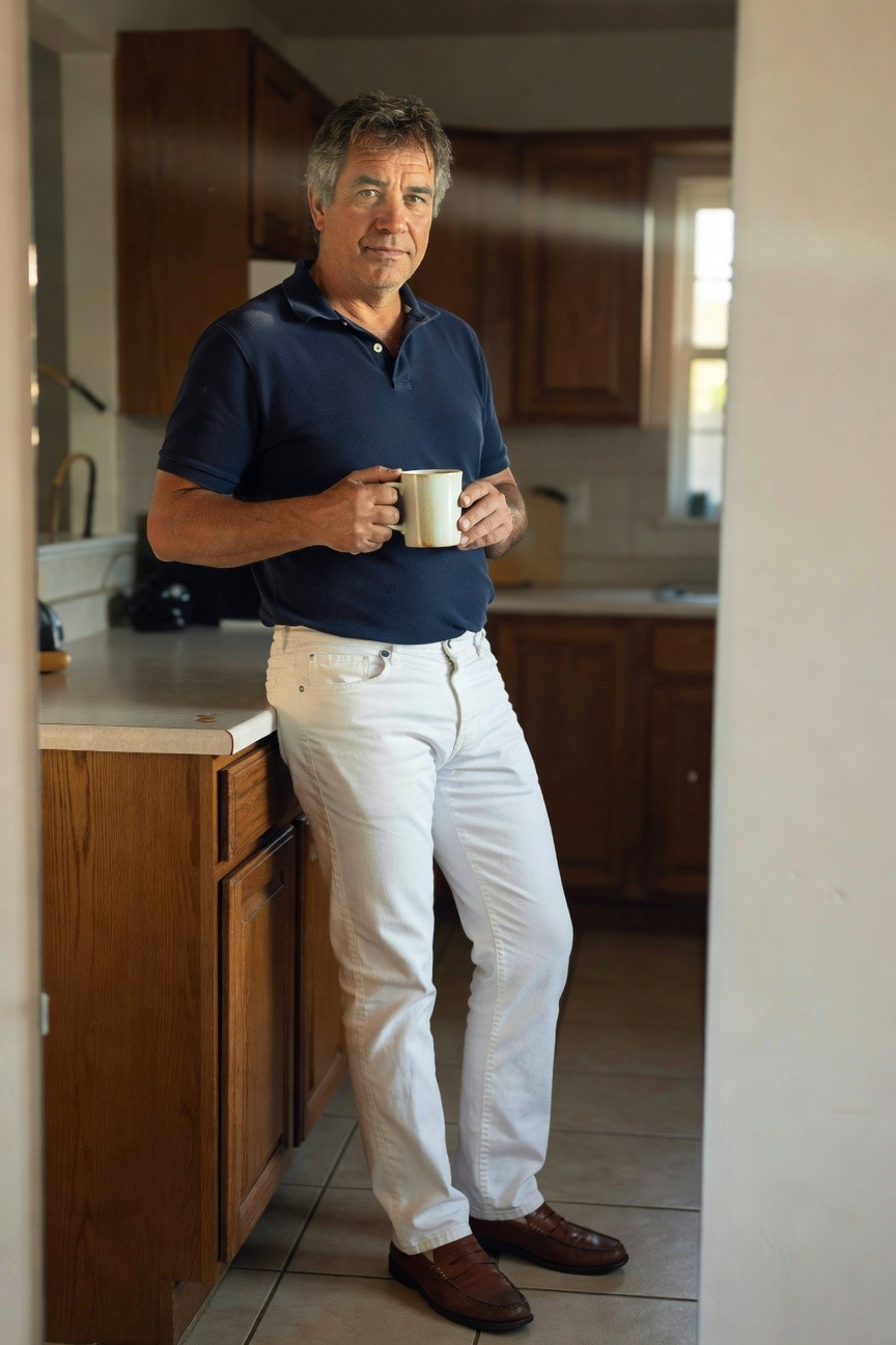 Man in navy blue polo shirt and slim white jeans stands in sunlit kitchen holding a coffee mug, reflection visible in window, brown loafers on tiled floor for a polished casual look