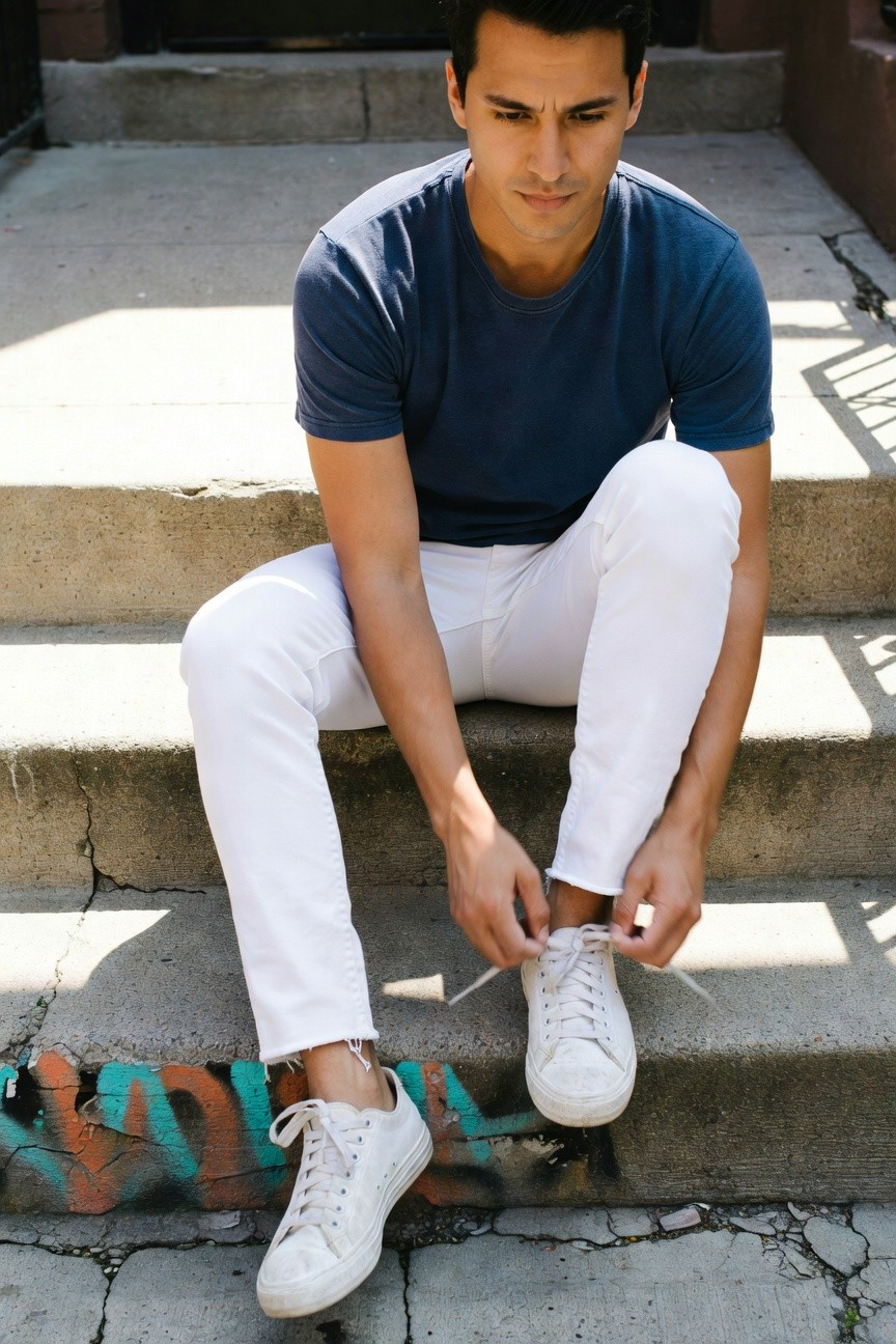 Young man with short dark hair sitting on outdoor concrete steps, wearing a fitted navy blue t-shirt, slim white jeans, and white low-top sneakers while tying his laces in bright sunlight