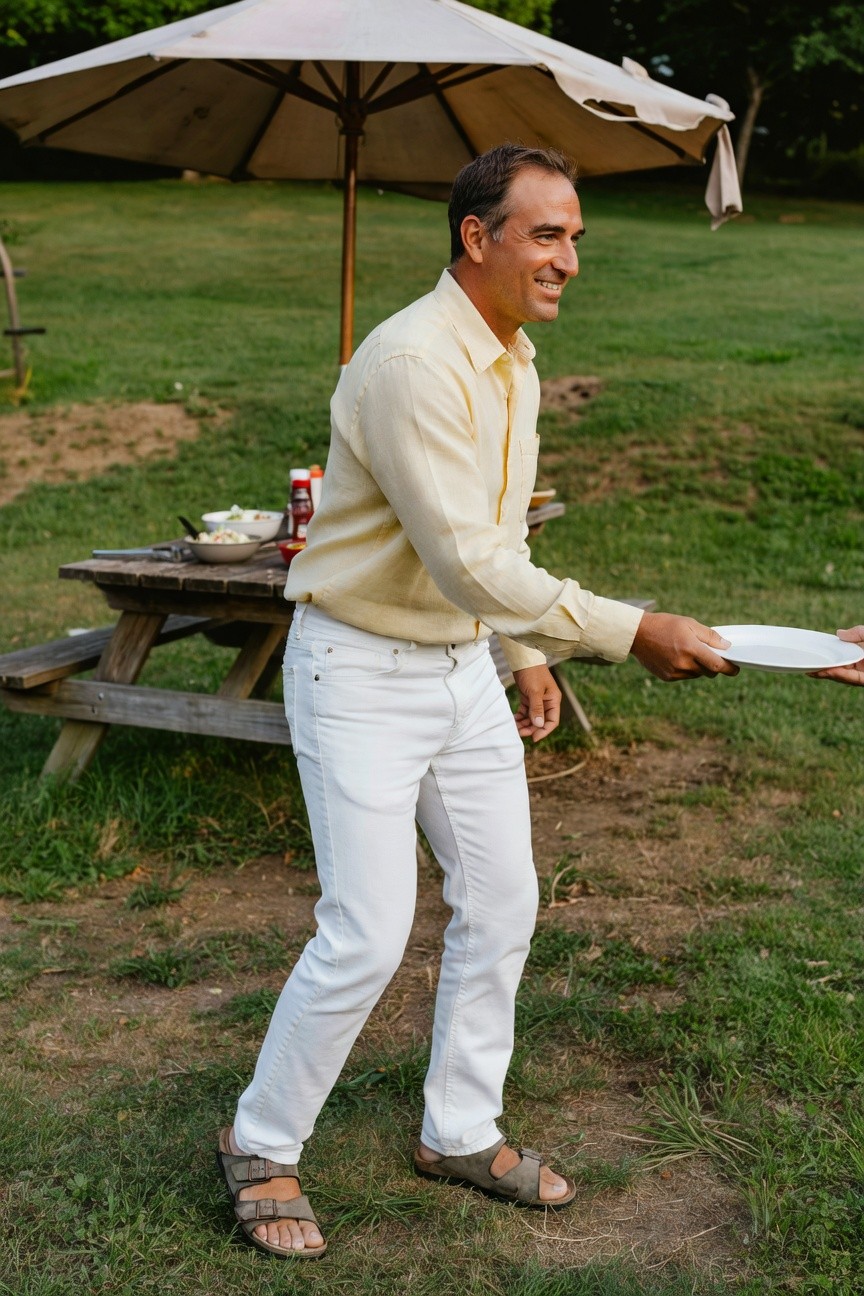 Man in pale yellow linen shirt and slim white jeans, sandals, handing a plate of food at an outdoor picnic table under green umbrellas, casual summer gathering vibe