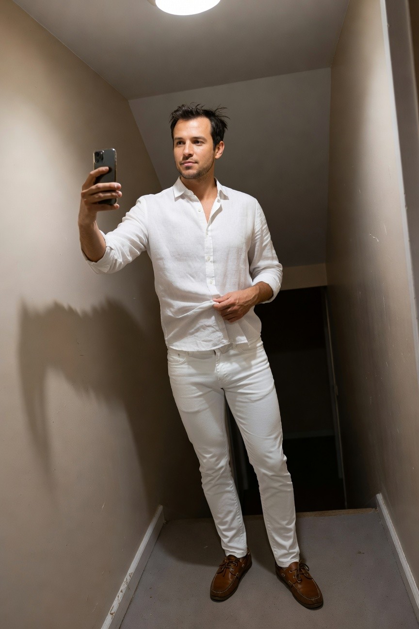 A man in an all-white outfit—crisp white slim-fit jeans and a relaxed long-sleeved linen shirt with open collar—takes a selfie in a lit hallway, casting a dramatic shadow on the wall behind him, finished with brown leather boat shoes for grounded polish.