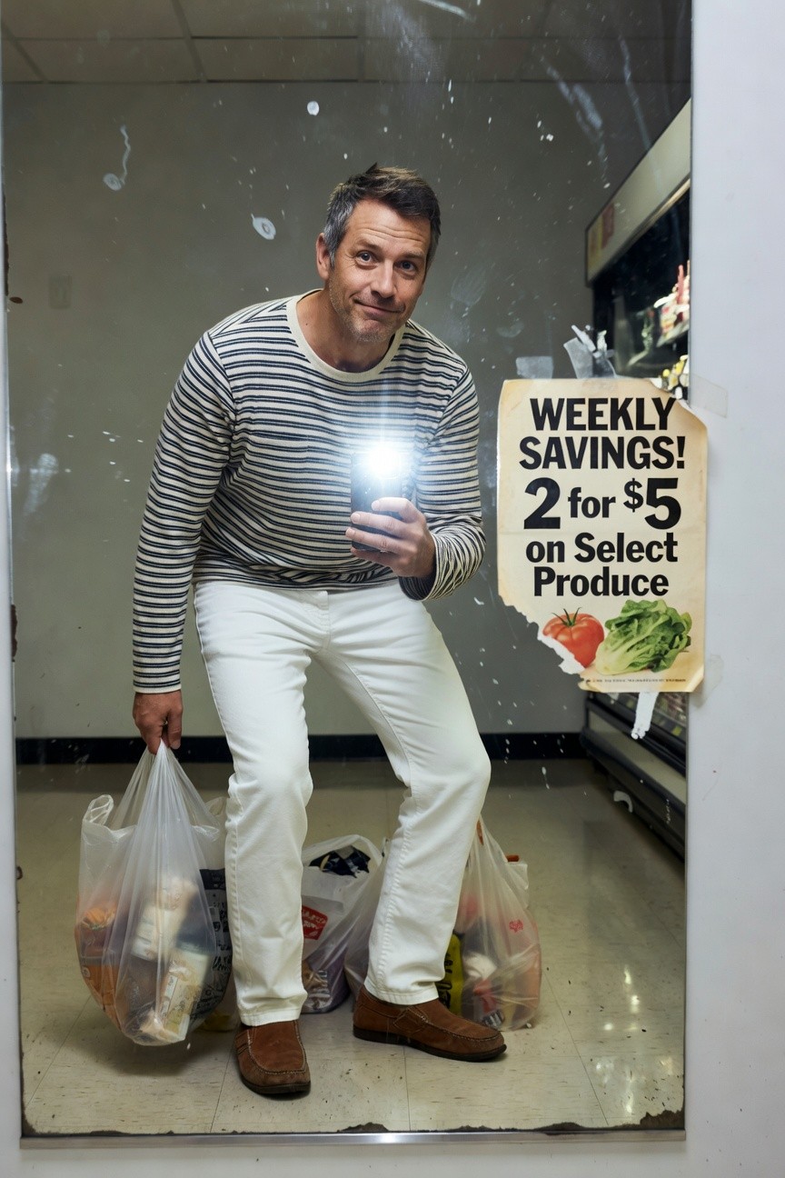 Man in black-and-white striped long-sleeve shirt, slim white jeans, and beige loafers poses confidently in grocery store mirror, holding phone with flash on and white plastic shopping bags in each hand amid cereal aisles and weekly deals sign