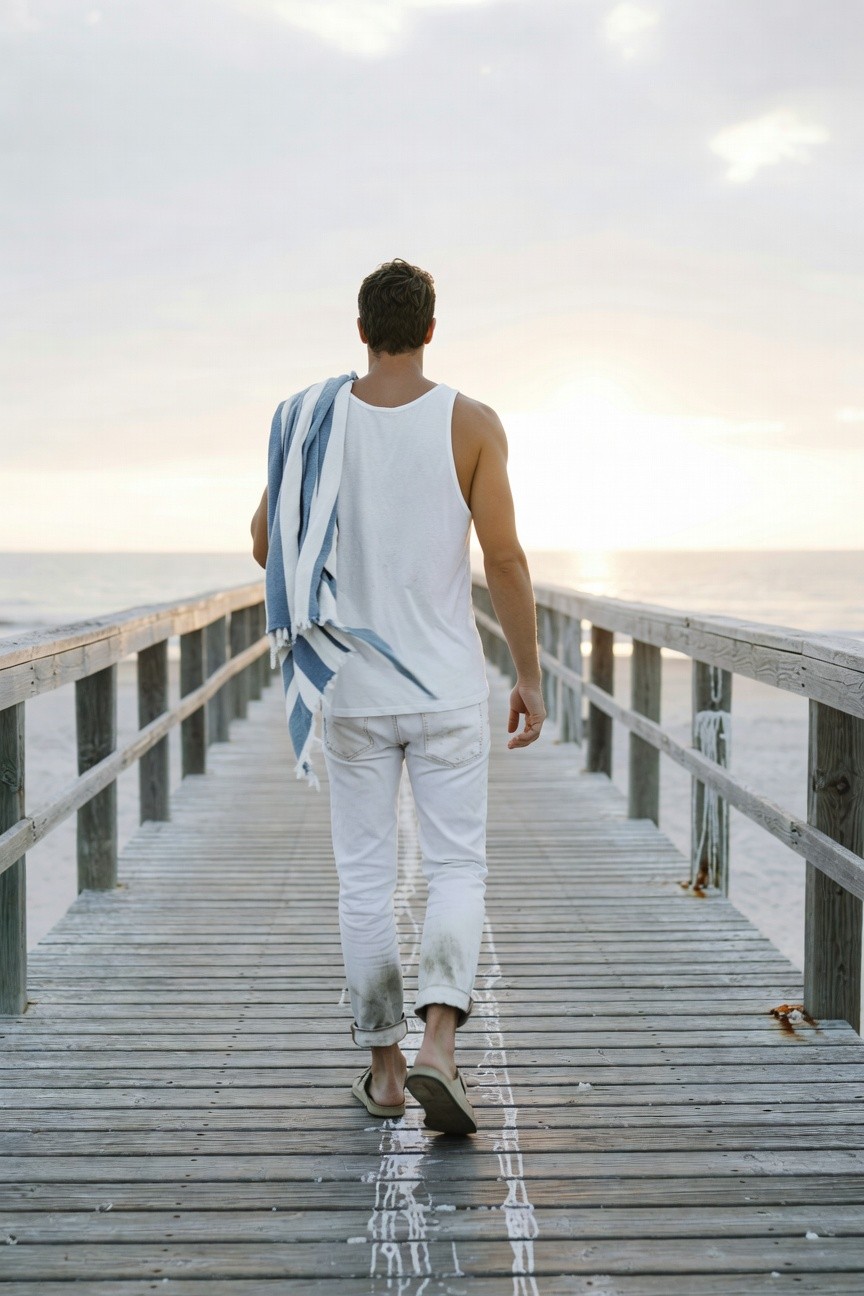 Back view of a man walking down a wooden pier at sunset, wearing white tank top, white jeans rolled at ankles, blue towel over shoulder, and flip-flops, ocean ahead