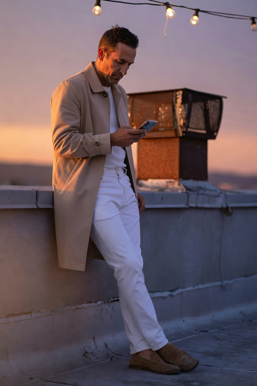 A man in a beige trench coat, white t-shirt, white jeans, and tan suede loafers stands on a sunset rooftop, leaning against a ledge with string lights and a rusty vent nearby, holding his phone thoughtfully