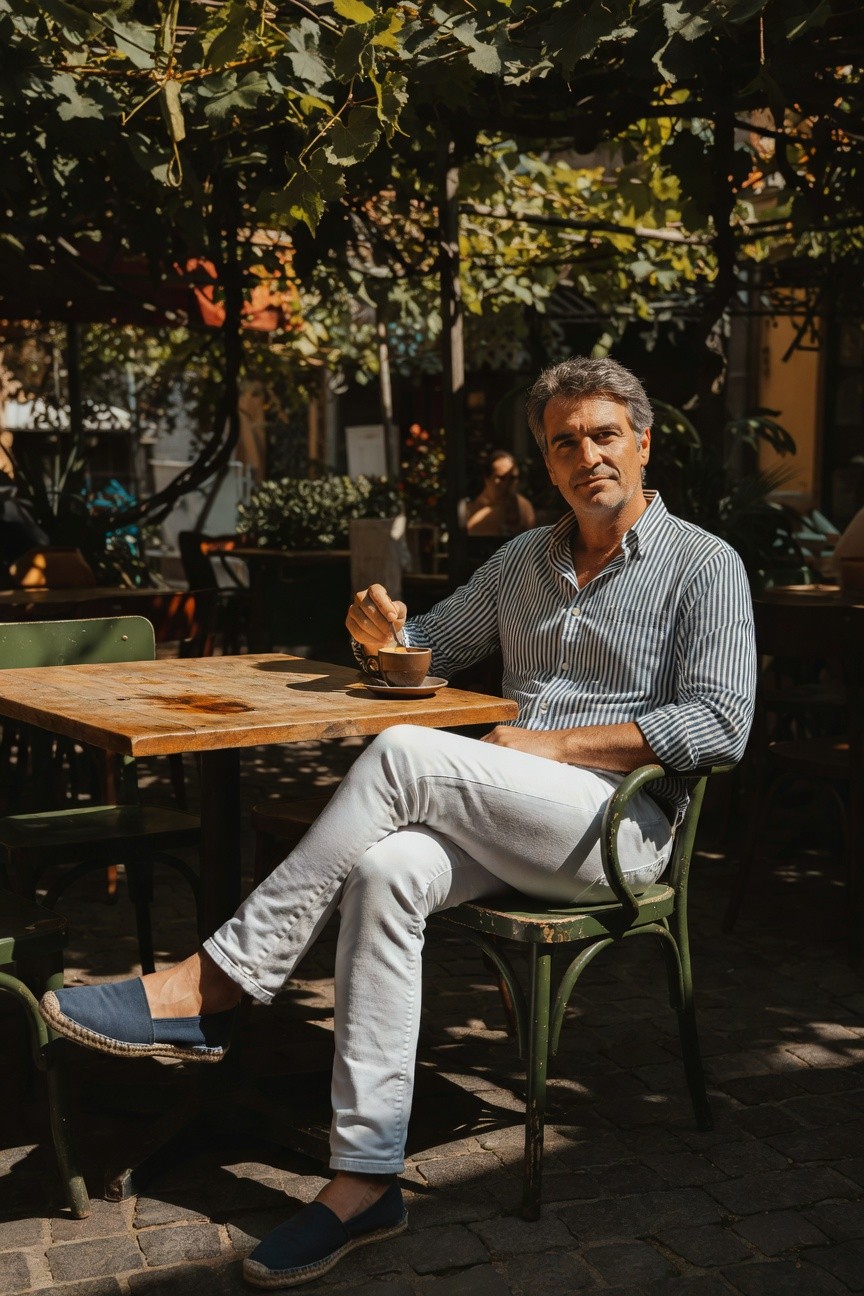 Man in light blue striped button-up shirt and slim white jeans sits relaxed at an outdoor cafe table under green vines, holding a coffee cup, wearing white espadrilles, sunny Mediterranean street setting