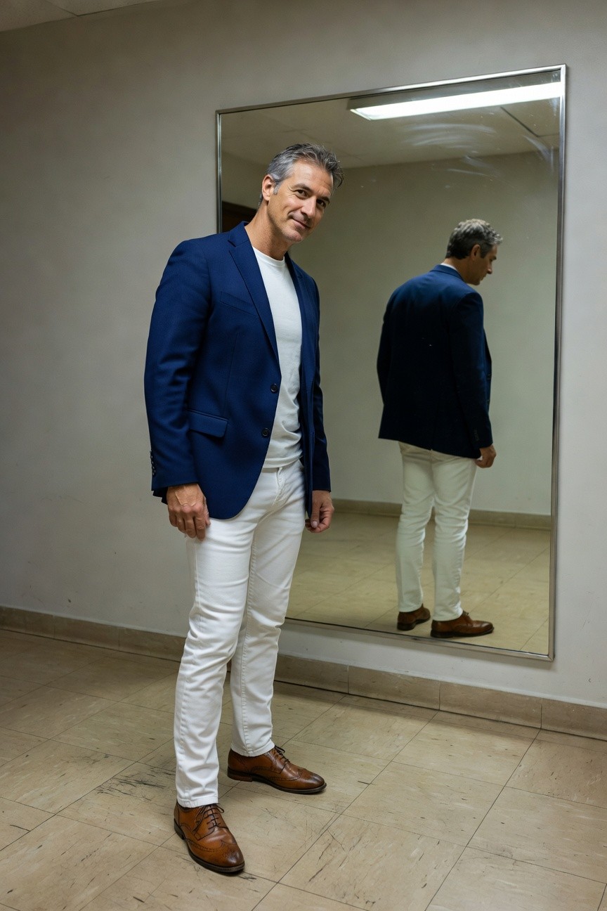 Silver-haired man in fitted navy blazer over white shirt, slim white jeans, and brown loafers, taking a mirror selfie in a tiled bathroom, exuding polished casual style