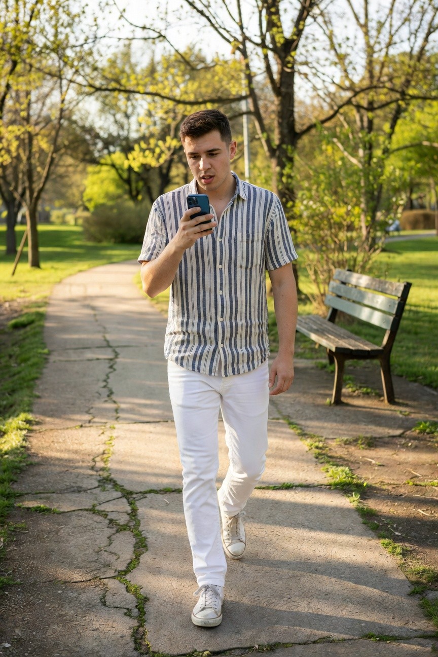 Young man walking on a cracked park path lined with trees and grass, dressed in a light blue and white short-sleeved striped button-up shirt tucked into slim white jeans, white sneakers, holding a smartphone casually at his side