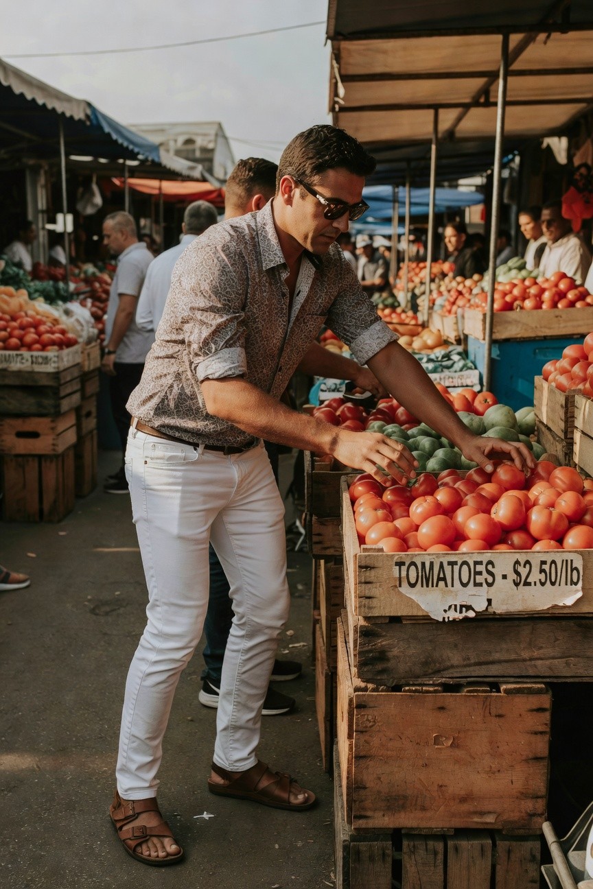 A man in slim white jeans, a light checkered short-sleeve button-up with rolled cuffs, and brown leather sandals browses tomatoes at an outdoor market stall surrounded by colorful produce crates.