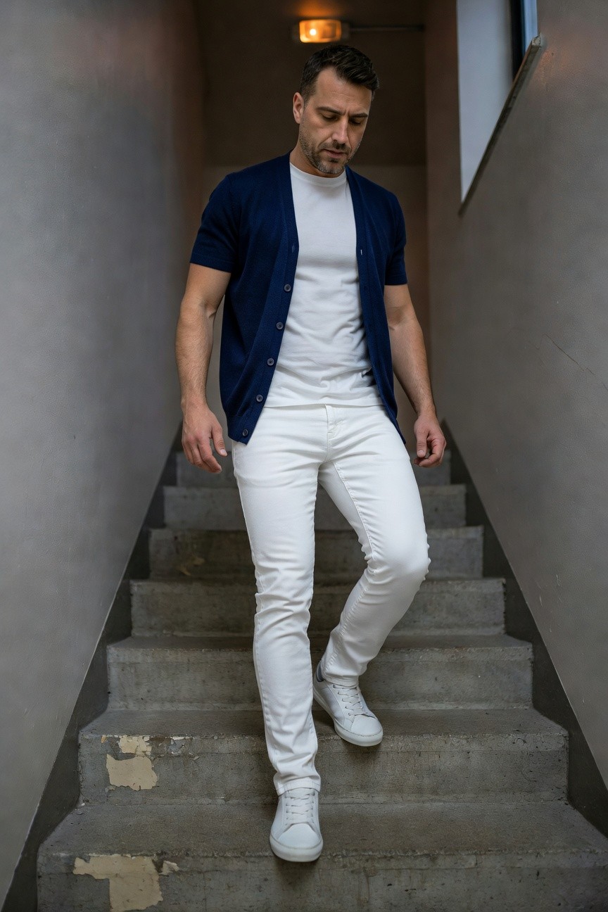 A fit man with short dark hair ascends a modern concrete stairwell wearing an open navy blue cardigan over a white t-shirt, slim white jeans, and white sneakers, red exit light glowing nearby.