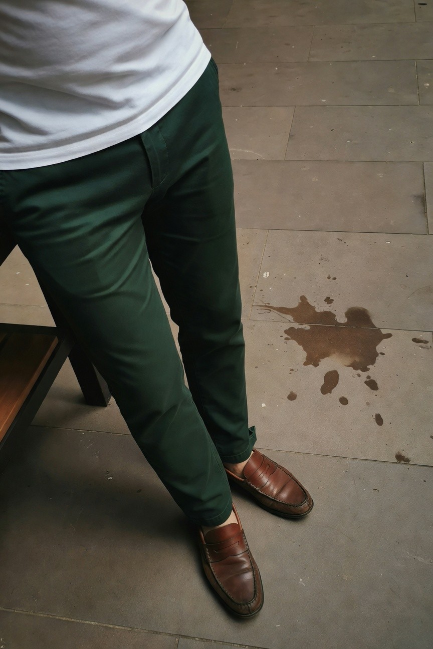 Man stands casually on stone pavement near wooden bench, wearing fitted white cotton t-shirt, slim emerald green chinos, and tan leather loafers with subtle wear, green pants slightly cropped above shoes, neutral background with spill mark on ground