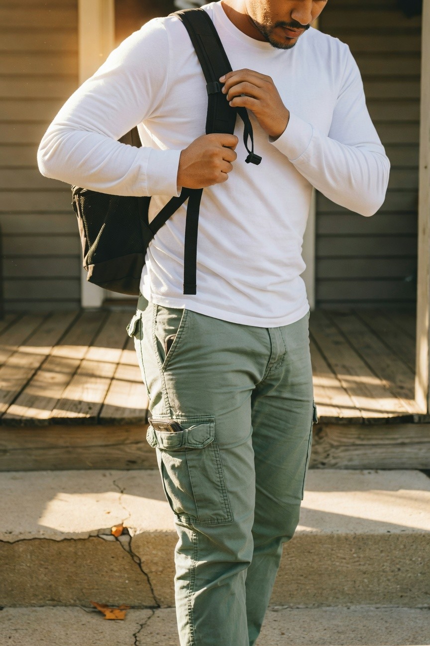Handsome young man in white long-sleeve shirt, olive green cargo pants, and tan backpack stands casually on wooden porch steps at golden hour sunset, evoking relaxed outdoor readiness
