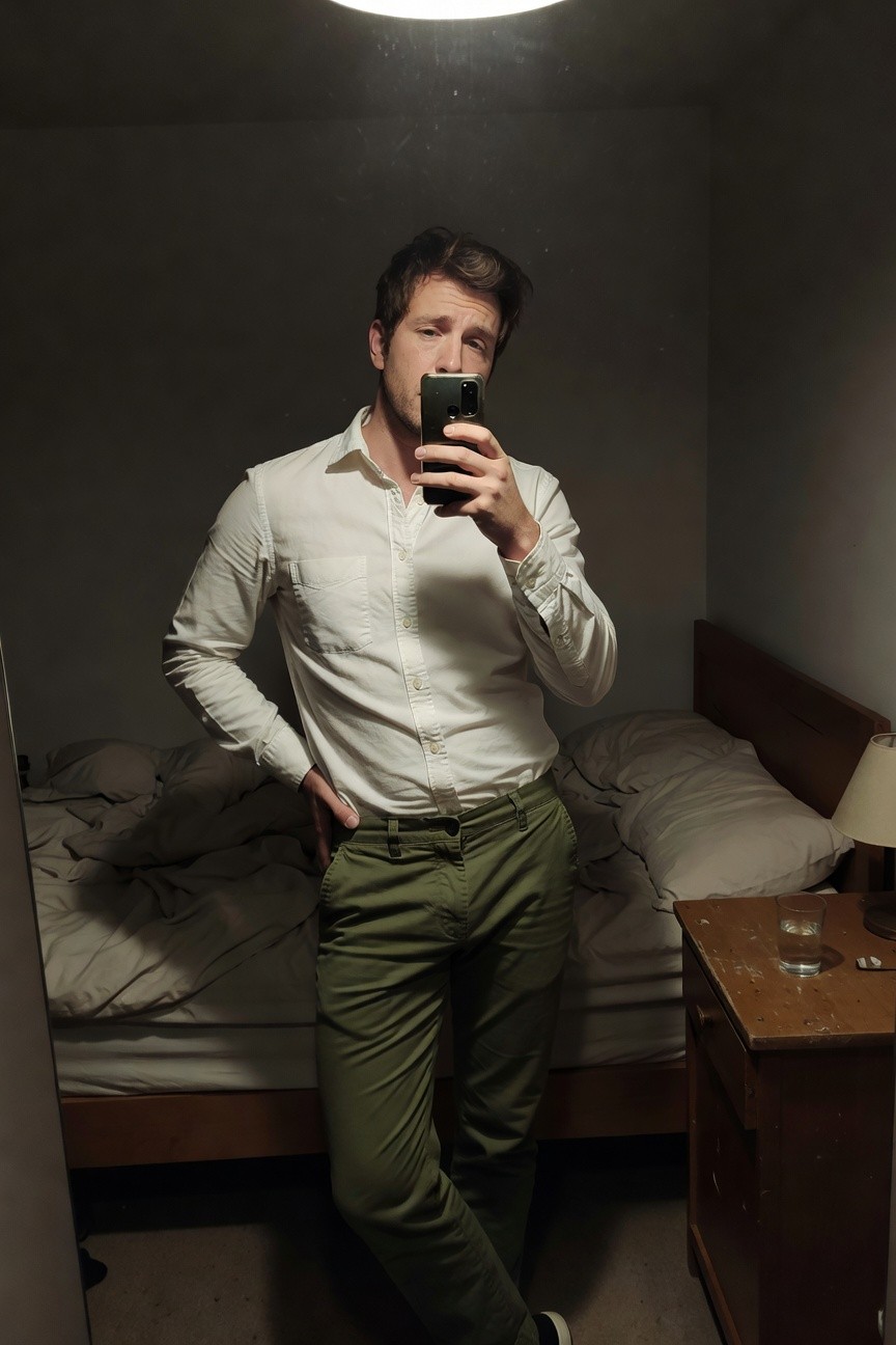 Man taking mirror selfie in bedroom wearing white long-sleeve button-up shirt tucked into olive green chinos, hands in pockets, bed and lamp in background