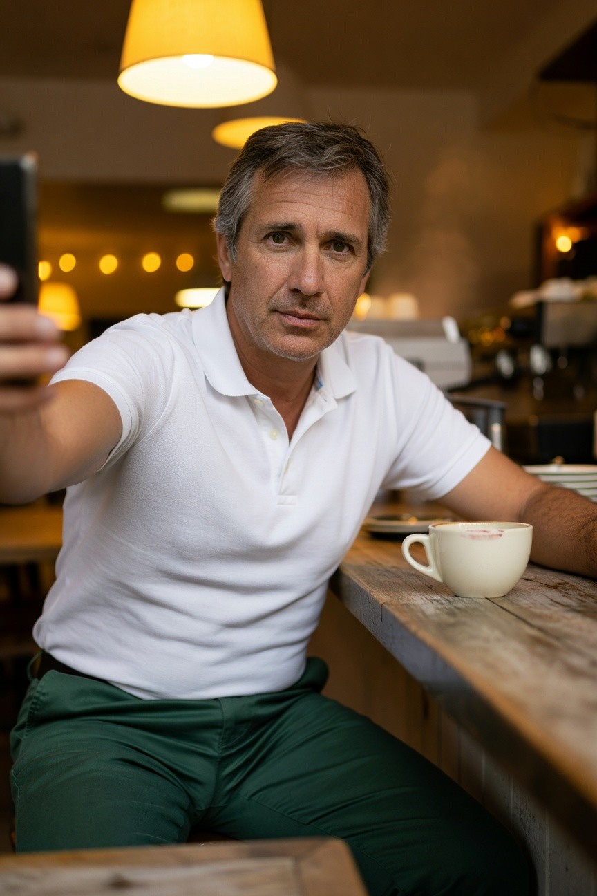 Middle-aged man in white short-sleeve polo shirt and slim green trousers sits casually at a wooden cafe counter, holding a white coffee cup while taking a selfie, warm lighting from overhead lamp and blurred background shelves of coffee bags