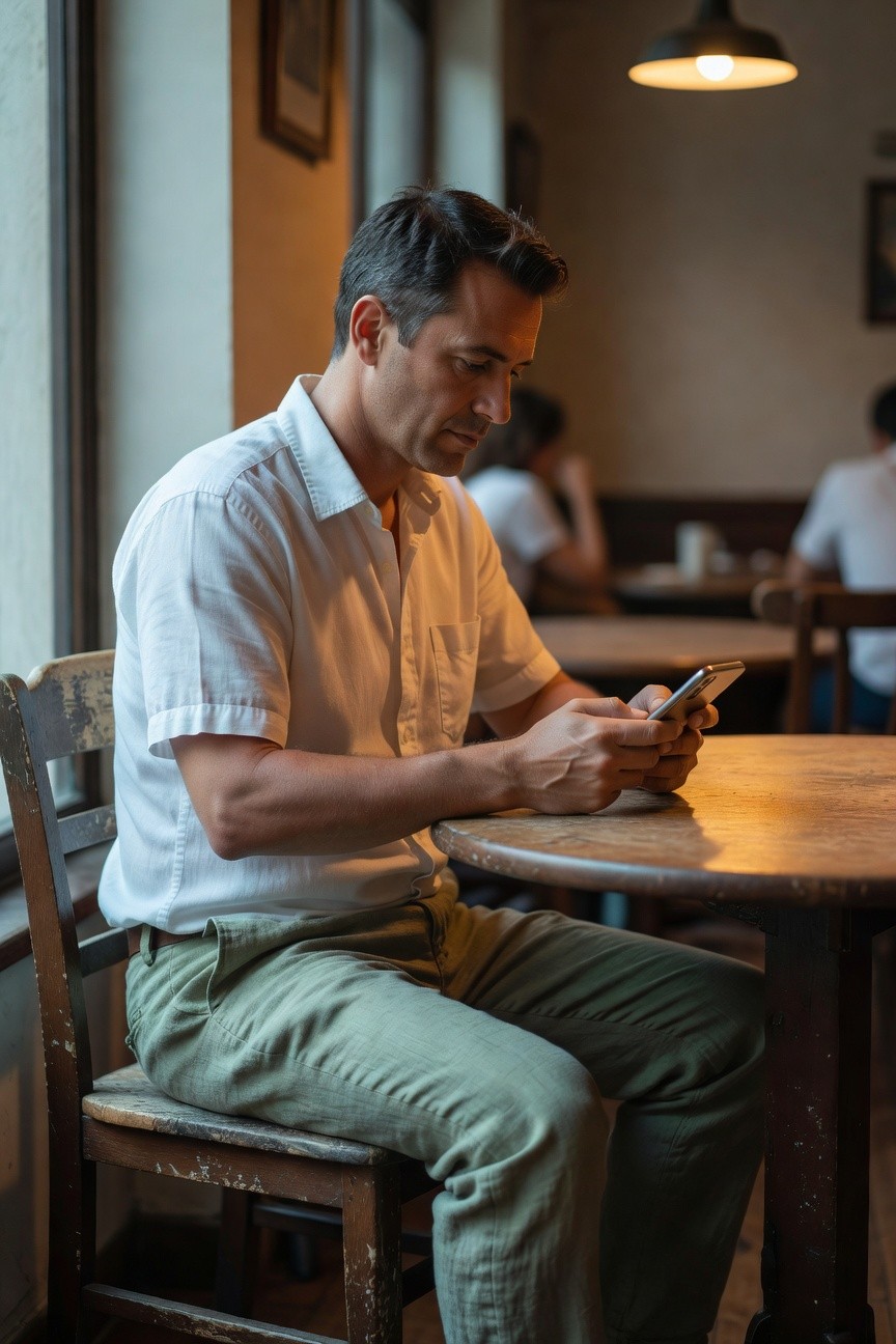 Man in short-sleeve white linen shirt and light sage green linen pants sits casually at a rustic café table, focused on his phone amid warm ambient lighting and blurred background patrons
