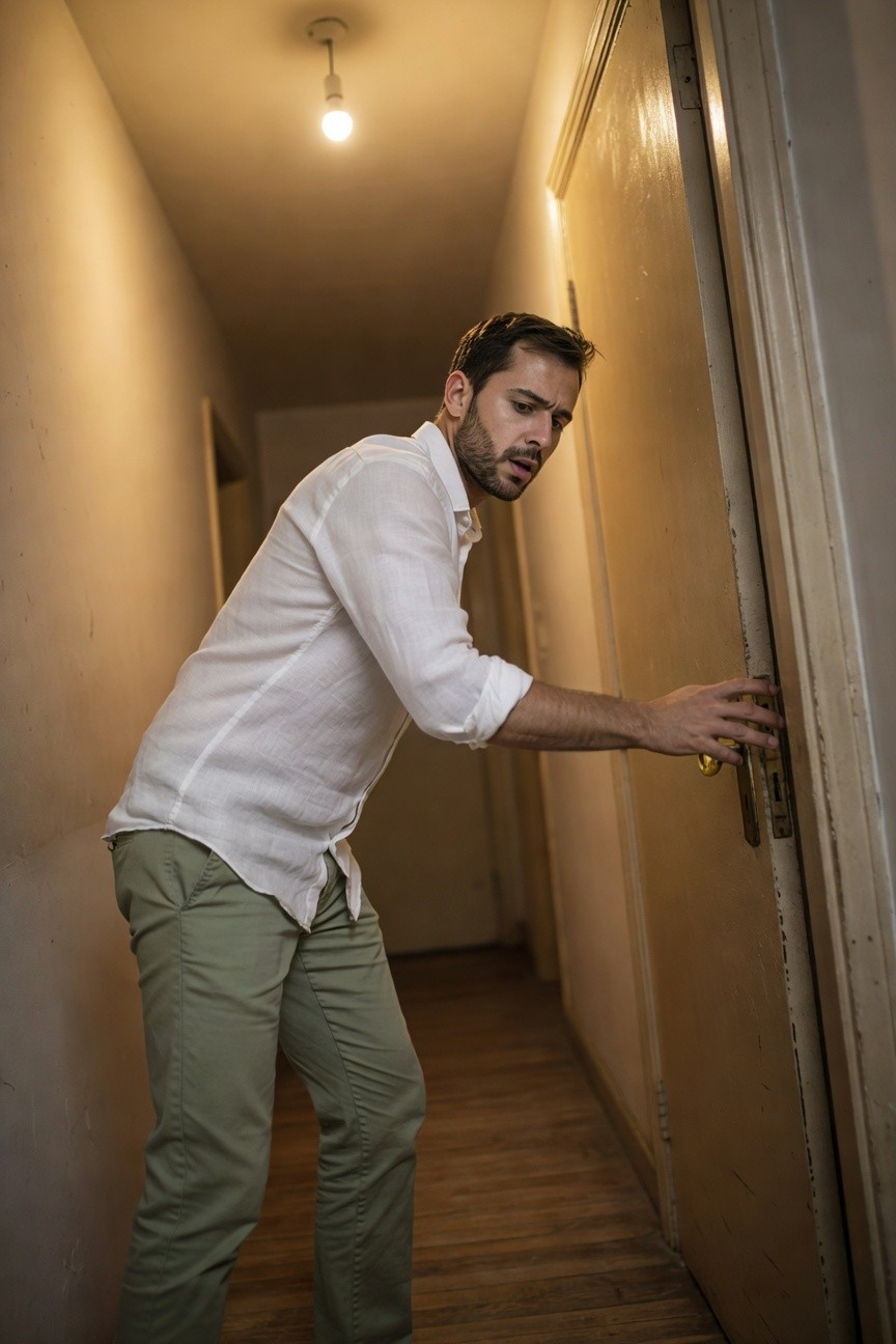 Man in untucked white linen shirt and slim sage green trousers bends to unlock a gray door in a warmly lit narrow hallway, casual poised stance.