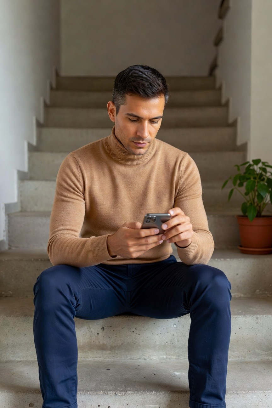 Man sitting on concrete stairs in a beige turtleneck sweater and navy trousers, holding a smartphone while looking down at it, with a potted plant nearby