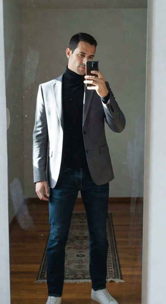 Man taking mirror selfie in light gray blazer over black turtleneck sweater, slim dark blue jeans, and white sneakers on wood floor with gray rug