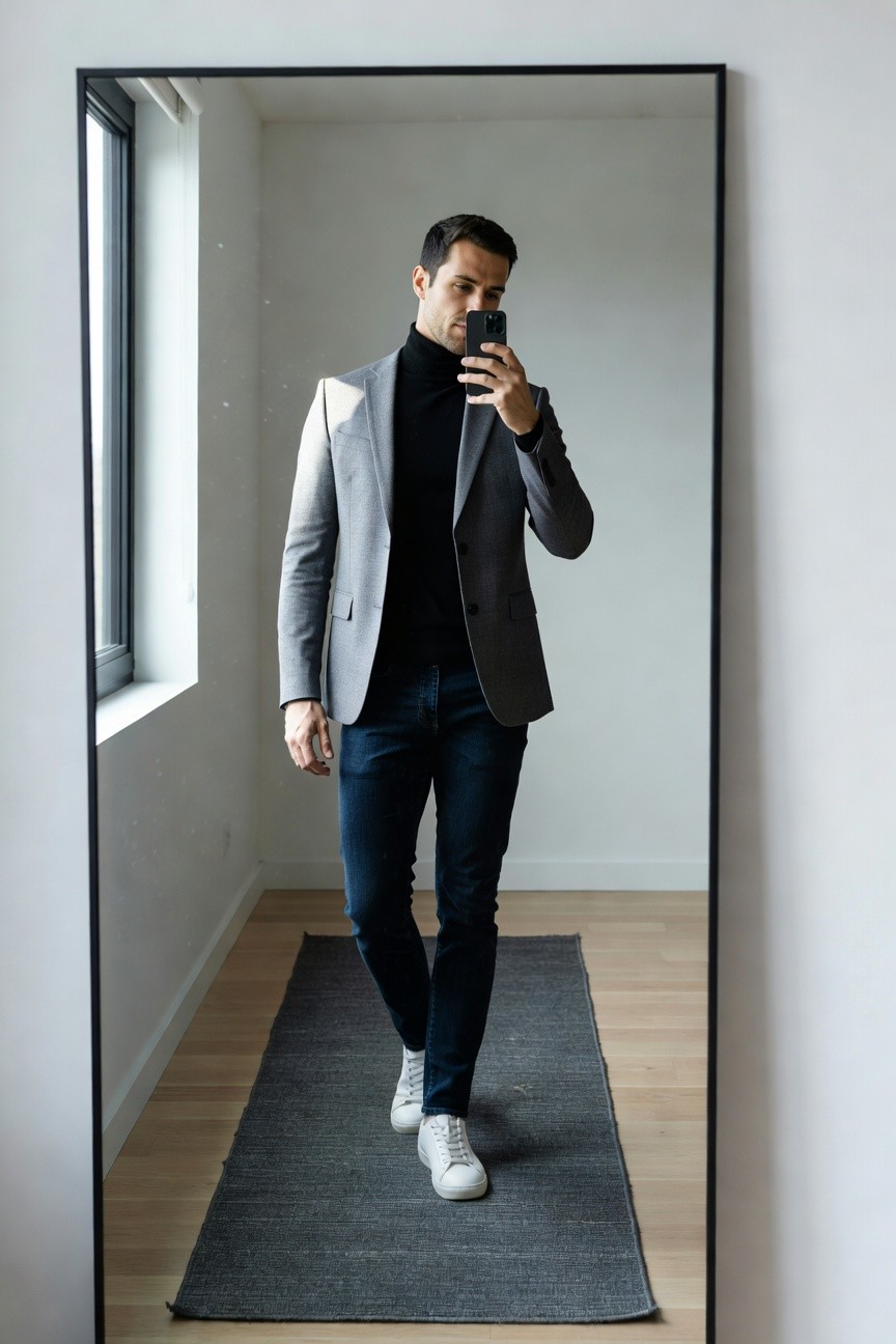 Man taking mirror selfie in light gray blazer over black turtleneck sweater, slim dark blue jeans, and white sneakers on wood floor with gray rug
