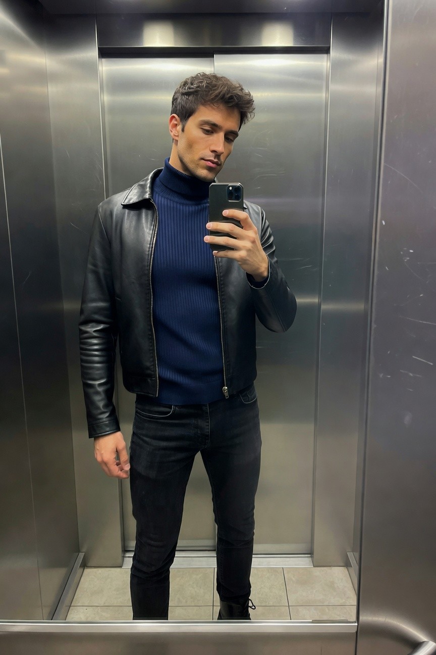 Man in elevator mirror selfie wearing open black leather jacket over navy blue turtleneck sweater, black slim-fit jeans, and black boots, holding iPhone for photo