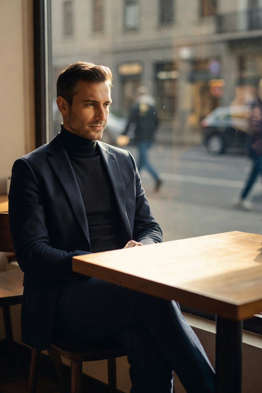 Handsome man in profile wearing slim navy suit jacket and trousers over black turtleneck sweater, seated at wooden table with legs crossed casually