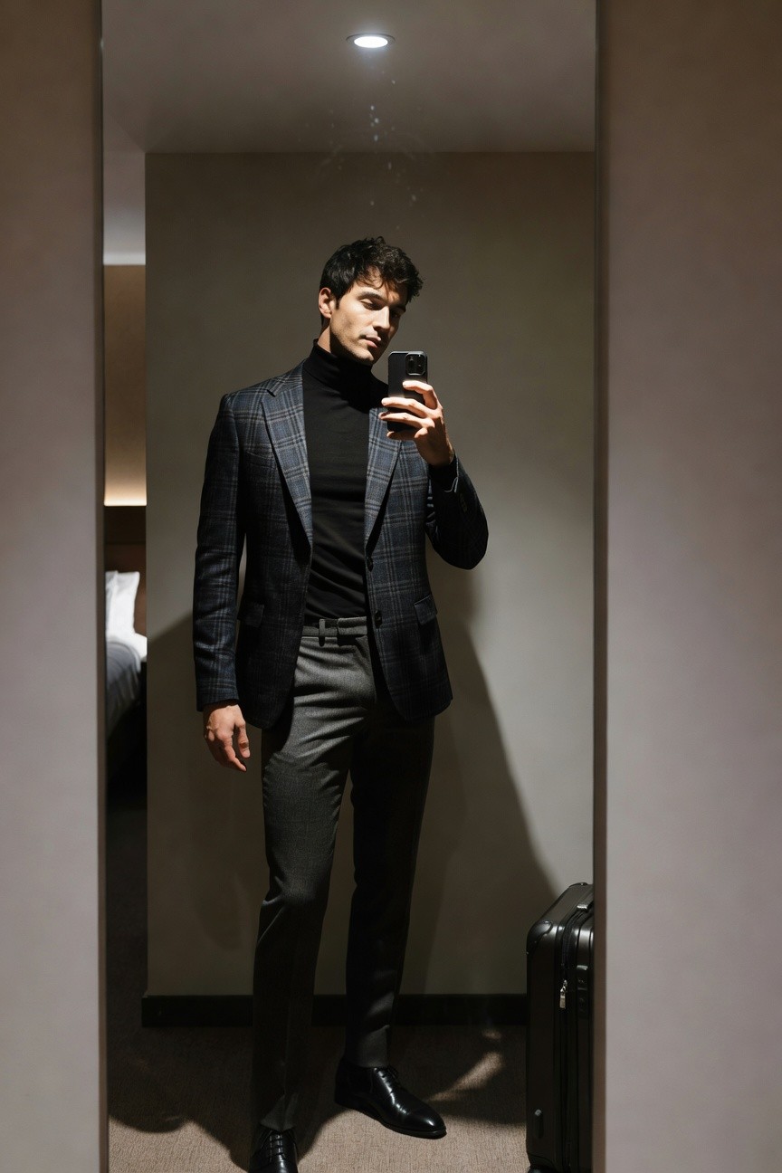 Man taking a mirror selfie in a hotel, wearing a navy plaid blazer over black turtleneck, gray trousers, black dress shoes, suitcase nearby