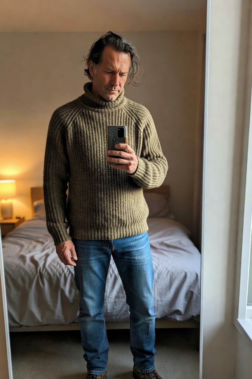 Man in mirror selfie wearing olive green ribbed turtleneck sweater, blue straight-leg jeans, and brown hiking boots, standing in bedroom with bed and lamp visible