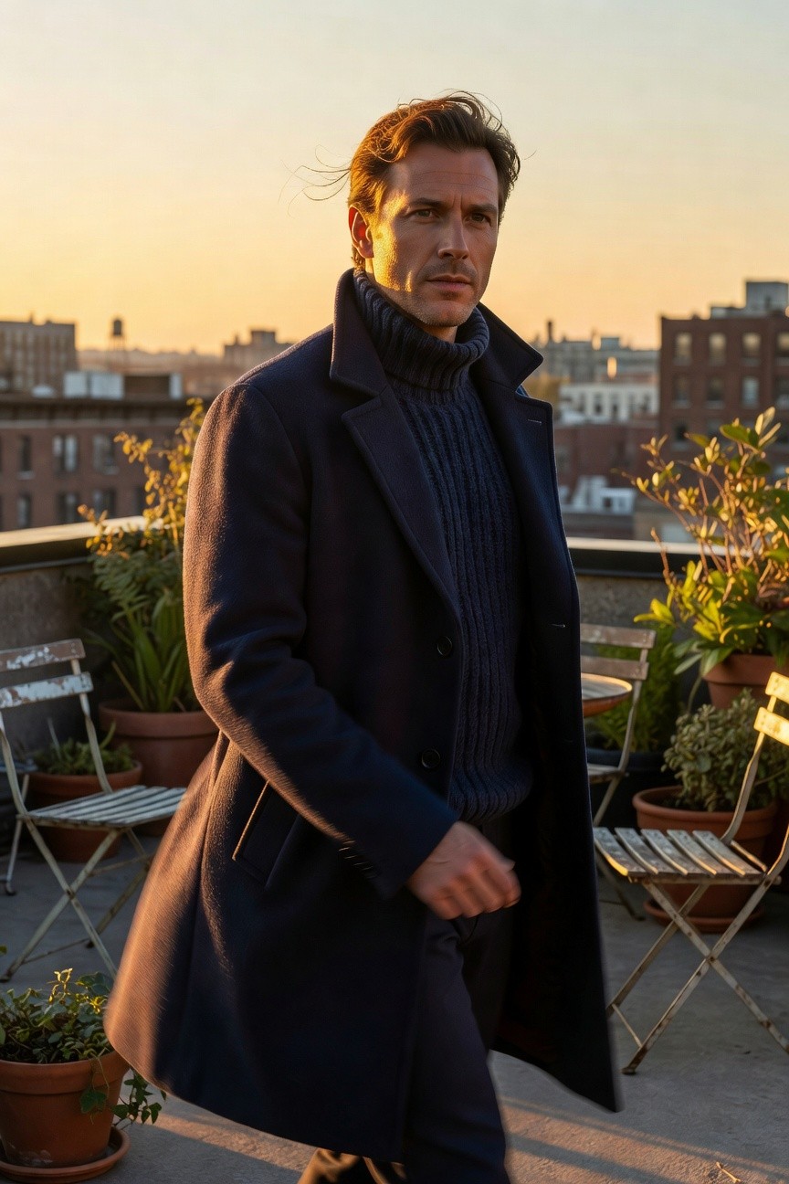 Man in navy turtleneck sweater layered under a long dark wool overcoat with slim dark pants, standing on rooftop with plants and chairs in background