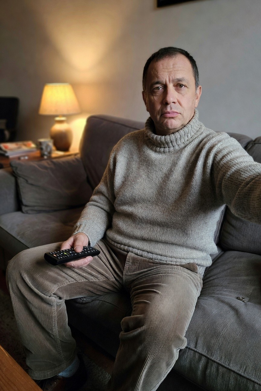 Man in his 50s sitting on a gray sofa wearing a light gray turtleneck sweater tucked into taupe corduroy pants, holding a TV remote, relaxed indoor pose with socks and shoes visible