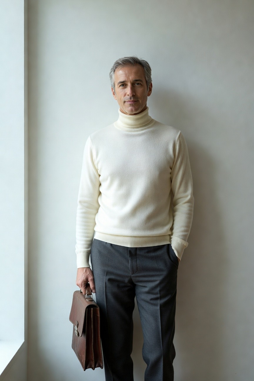 Mature man with silver hair standing confidently in a cream turtleneck sweater, gray wool trousers, and holding a brown leather briefcase against a plain wall