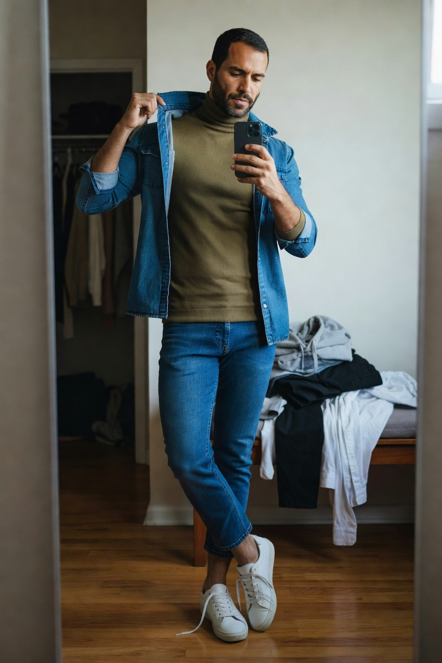Bearded man in mirror selfie wearing olive green turtleneck sweater under open blue denim jacket, slim cuffed blue jeans, and white low-top sneakers, standing in bedroom closet with clothes on rack and bench nearby