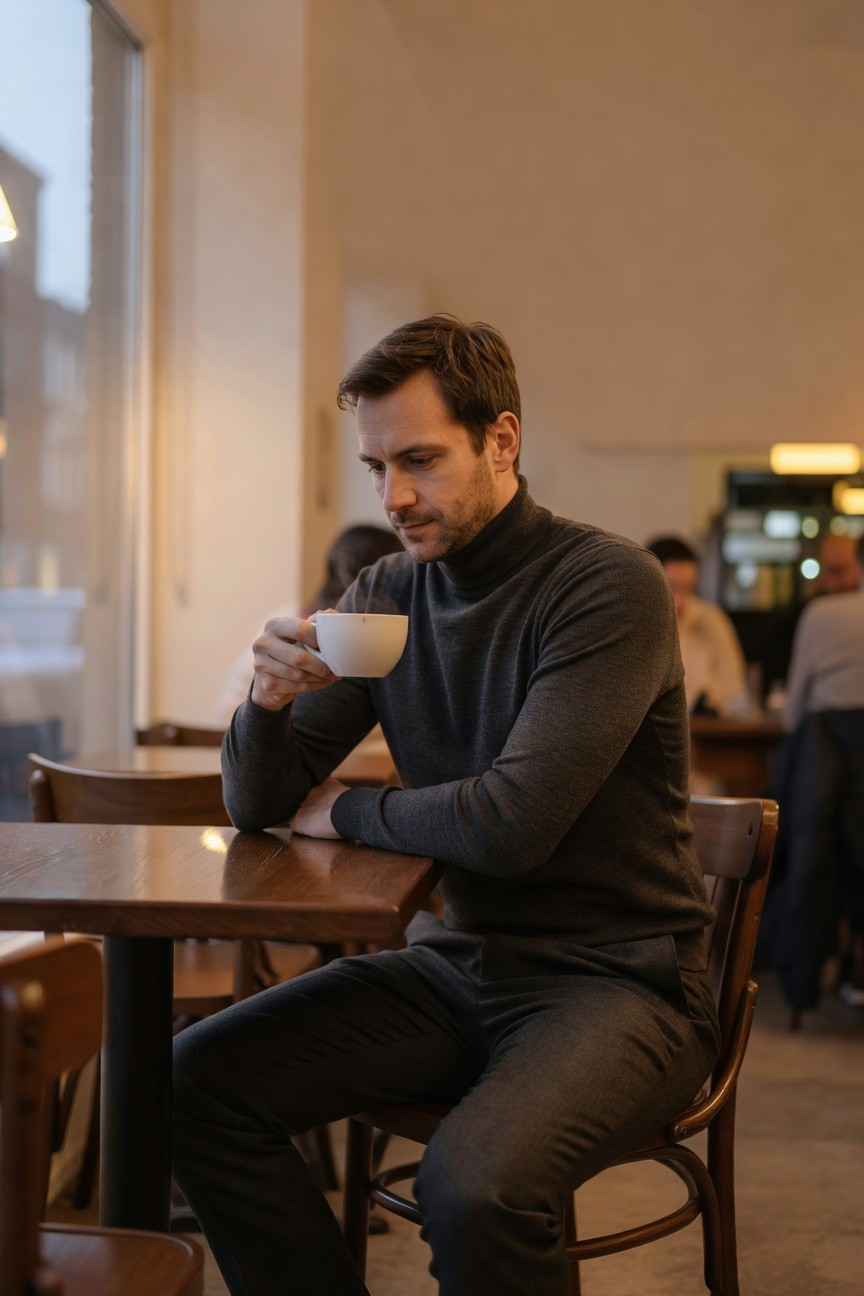 Handsome man in charcoal gray turtleneck sweater and slim gray trousers sits at wooden cafe table holding white coffee mug, thoughtful expression