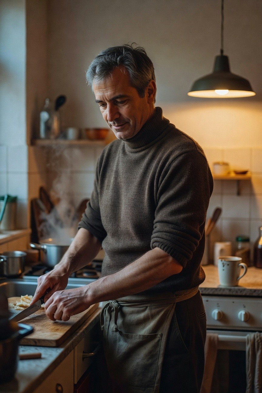 A man with silver hair wearing a brown turtleneck sweater and khaki canvas apron tied at the waist, sleeves rolled up, chopping vegetables on a wooden board in a cozy kitchen with warm lighting.