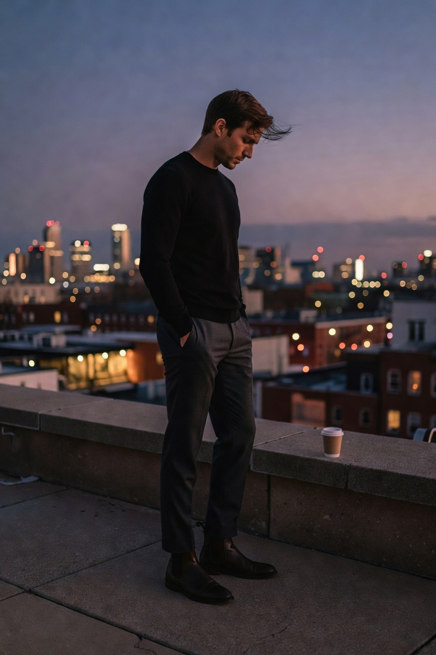Side profile of a man in black knit sweater, charcoal grey slim pants, and black chelsea boots, standing with hands in pockets and a coffee cup nearby on a rooftop ledge