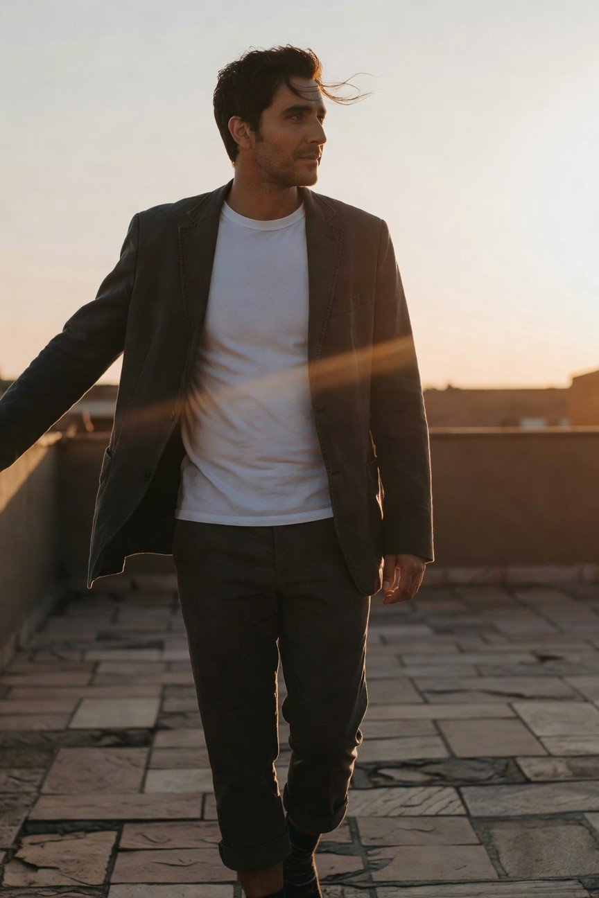 Side profile of man in open charcoal grey blazer over white t-shirt and matching slim grey pants, standing on tiled rooftop with arm extended