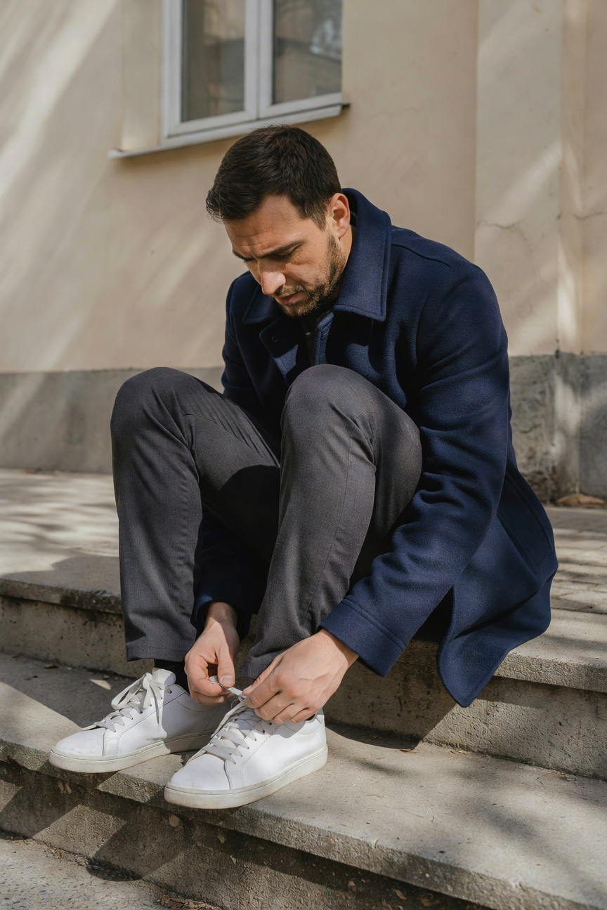 Man in charcoal grey slim pants, navy wool overcoat, dark top, and white sneakers, sitting on steps tying his shoelace