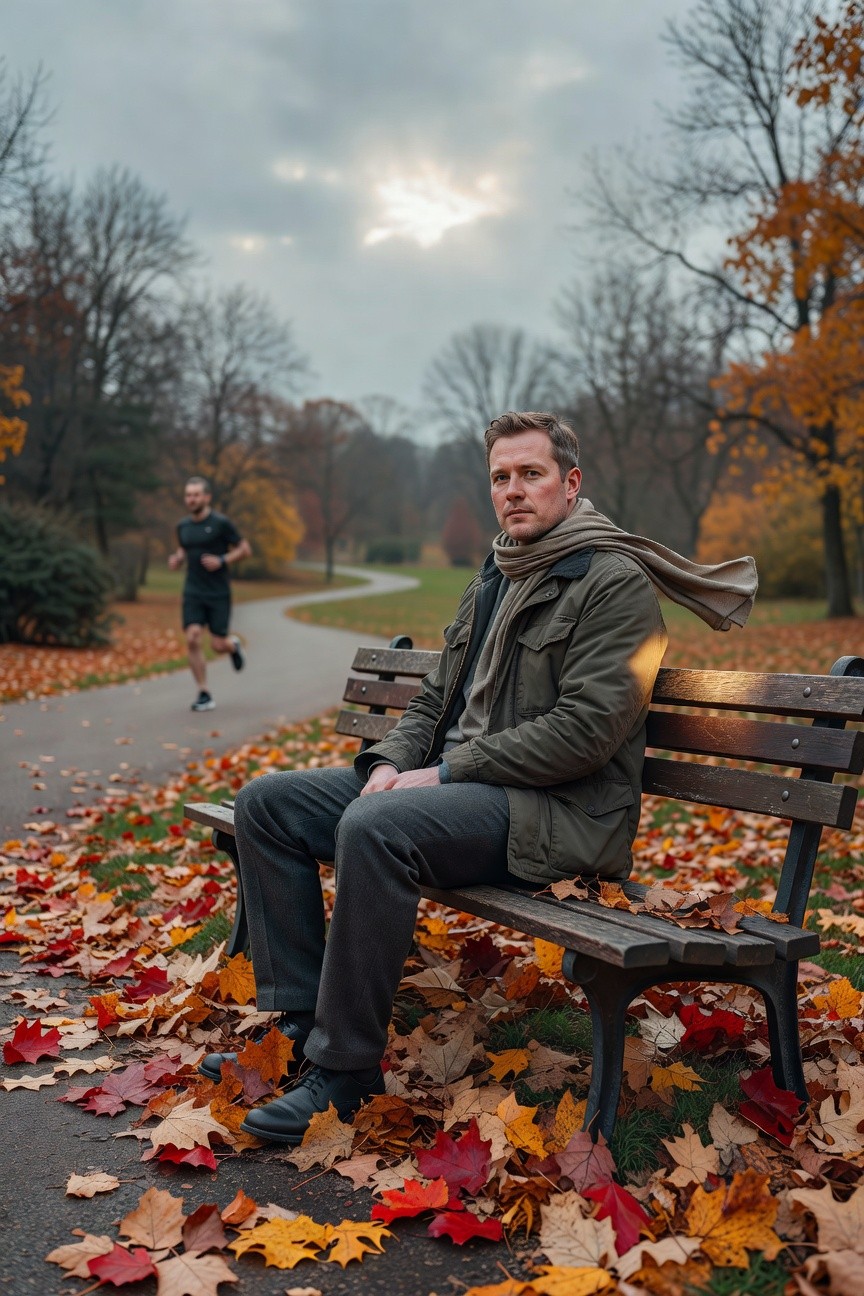 Man in olive green parka jacket, beige scarf, dark sweater, charcoal grey trousers, and black leather shoes, seated casually