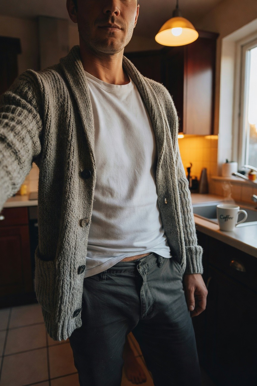 Man taking a selfie in a kitchen wearing an open chunky grey knit cardigan over a white t-shirt tucked into slim charcoal grey pants, barefoot on tiled floor