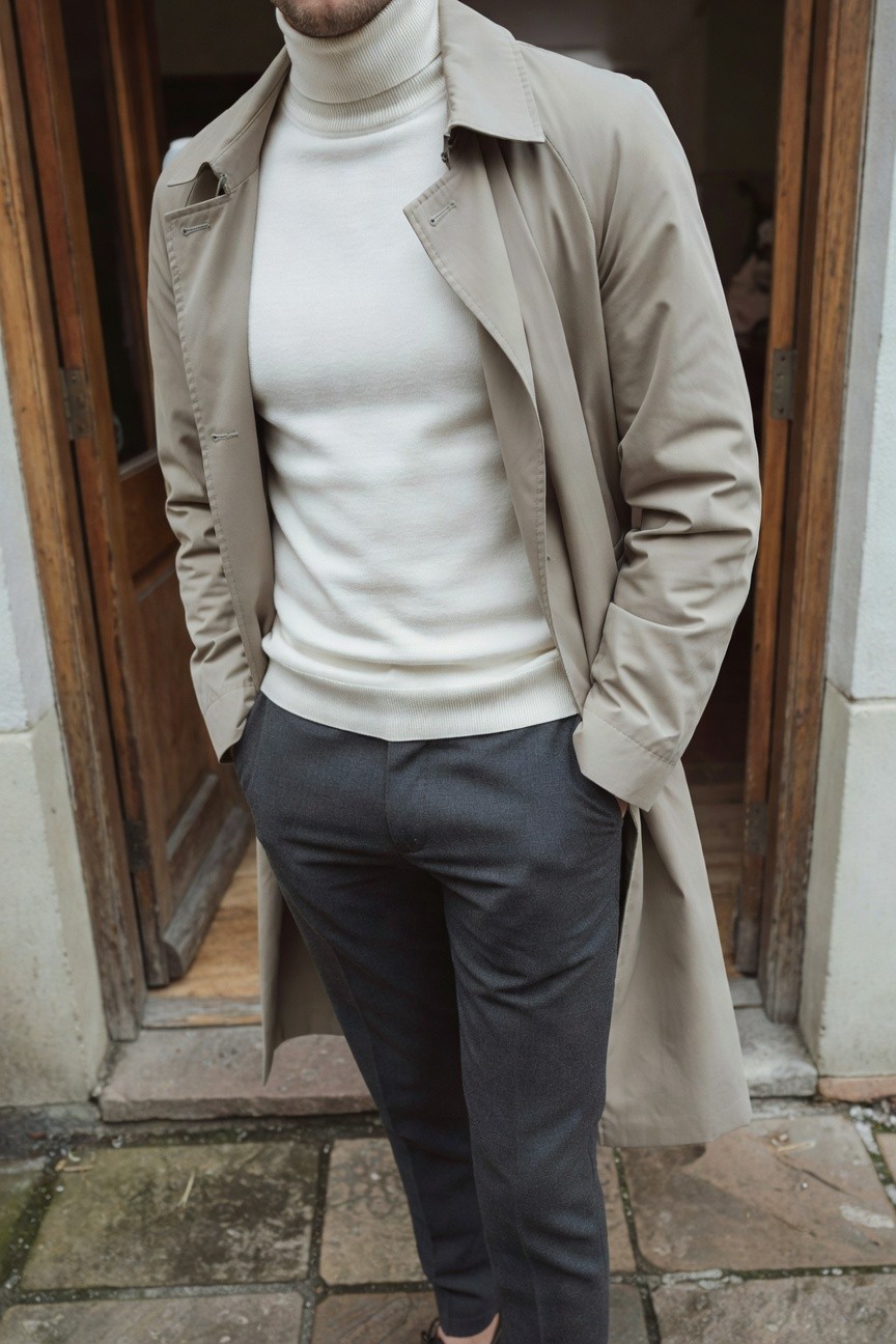 Man in slim charcoal grey trousers, white turtleneck sweater, and open beige trench coat, hands in pockets, standing by wooden door