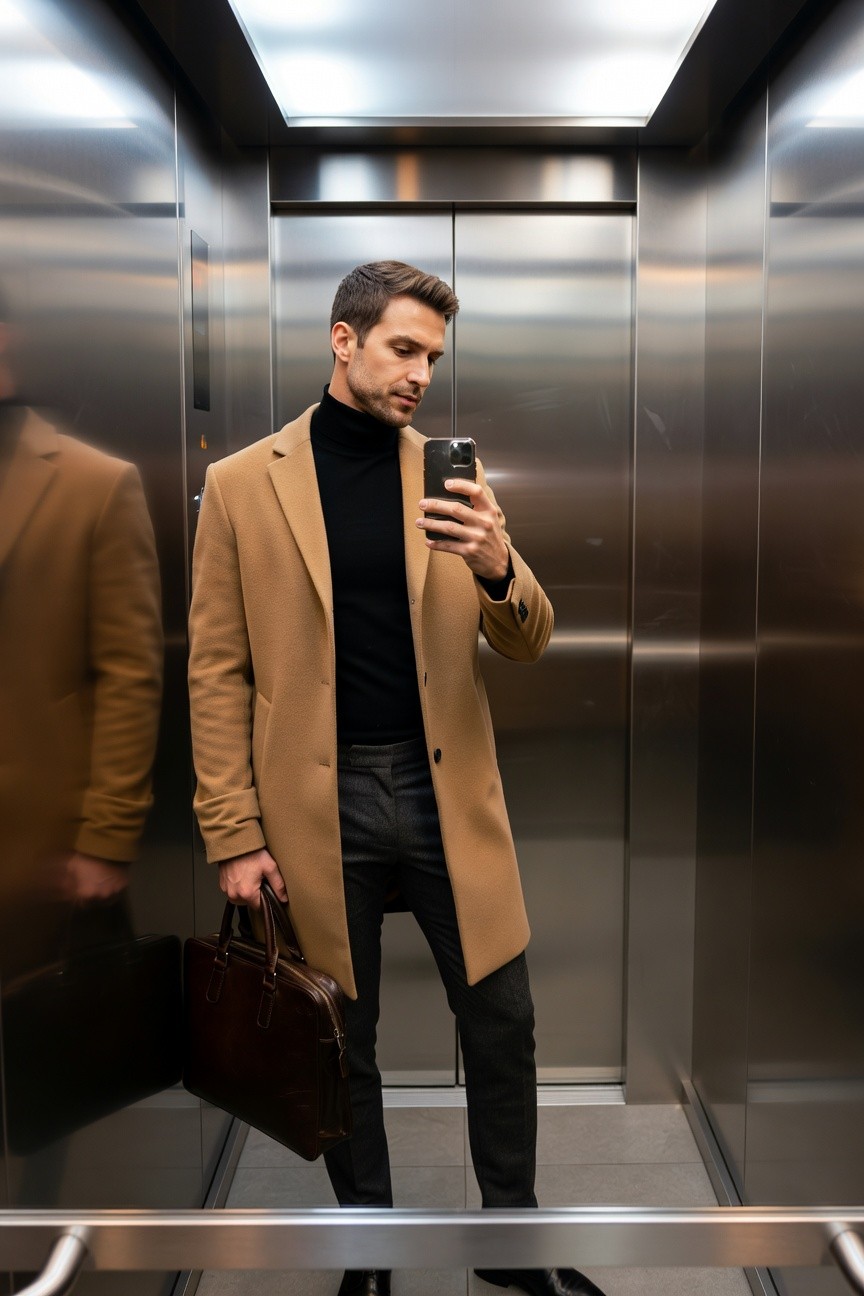 Handsome man taking elevator selfie in long open camel wool overcoat over black turtleneck sweater, slim charcoal grey wool trousers, black leather dress shoes, holding brown leather briefcase