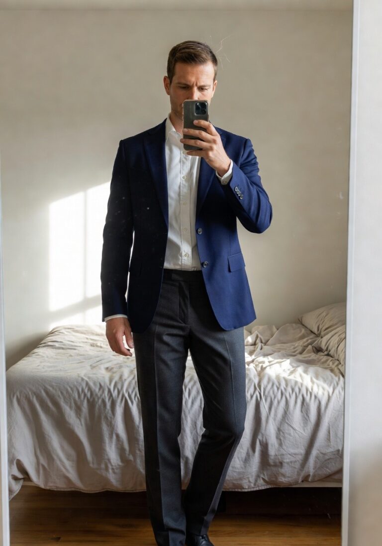 Man in navy blue blazer, white dress shirt, and charcoal grey trousers posing in bedroom mirror selfie, hands in pockets, natural indoor light