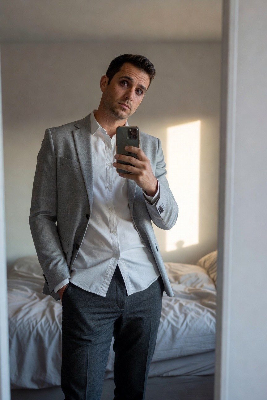 Man in light grey slim-fit blazer, white dress shirt with top buttons open, and charcoal grey slim trousers, taking a mirror selfie in a bedroom, hands in pockets for a relaxed business casual pose