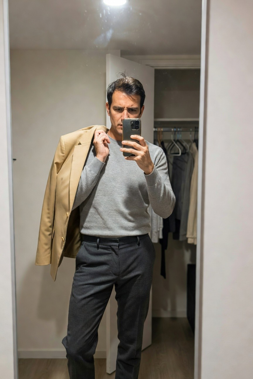 Man in mirror selfie holding beige blazer over shoulder, wearing light grey sweater and charcoal grey slim trousers in modern closet setting