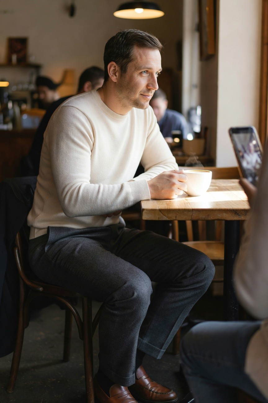 Man in cream knit sweater, charcoal grey pleated trousers cuffed at ankles, and brown leather loafers, seated and holding a white coffee mug