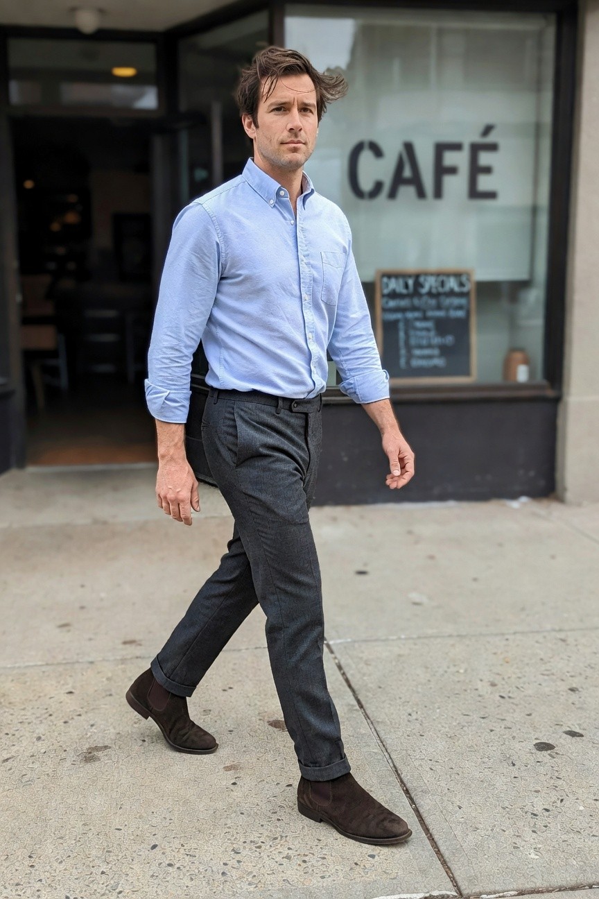 Man in light blue button-down shirt with rolled sleeves, charcoal grey slim trousers cuffed at ankles, and brown suede chelsea boots, walking on sidewalk
