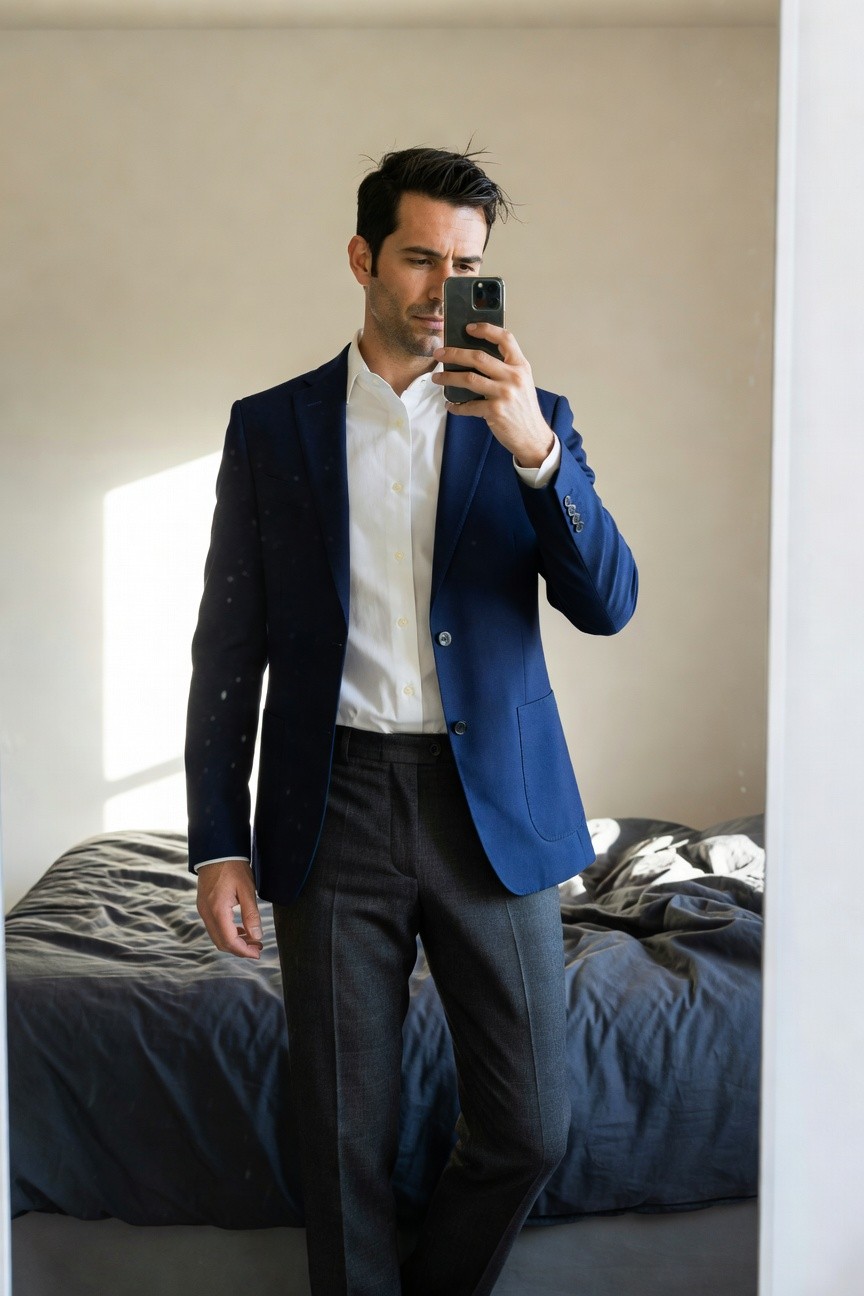Man in navy blue blazer, white dress shirt, and charcoal grey trousers posing in bedroom mirror selfie, hands in pockets, natural indoor light