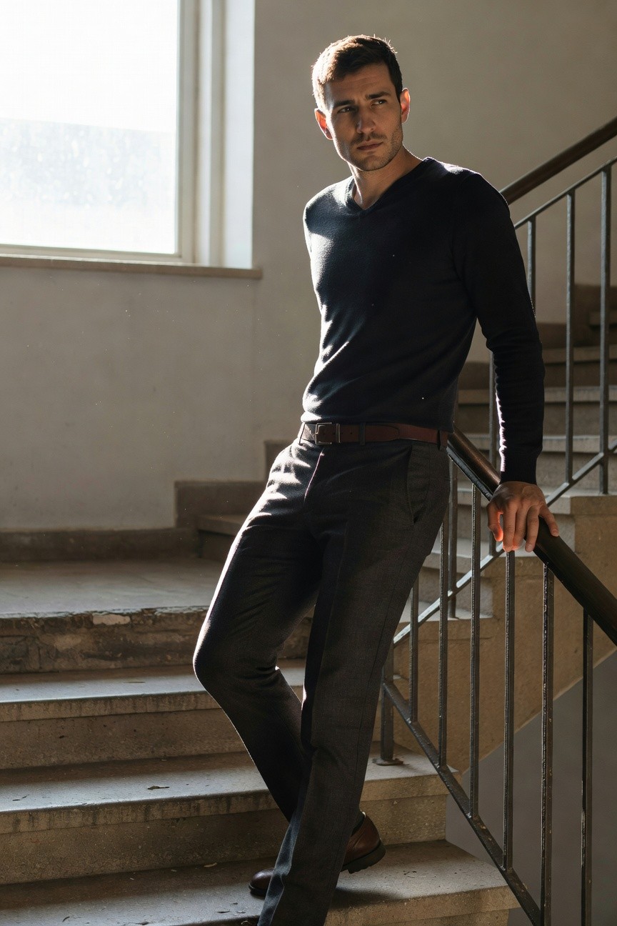 Handsome man in black V-neck long-sleeve sweater, slim charcoal grey trousers, brown leather belt and shoes, leaning casually on metal railing